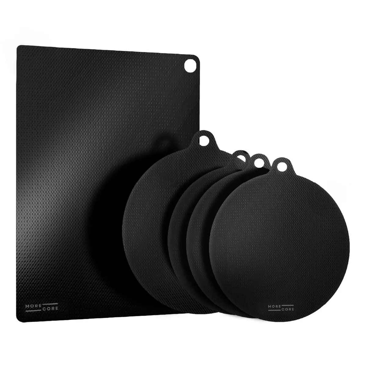 Set of five flexible silicone mats in assorted rectangular and square sizes, smooth matte finish, neutral tone