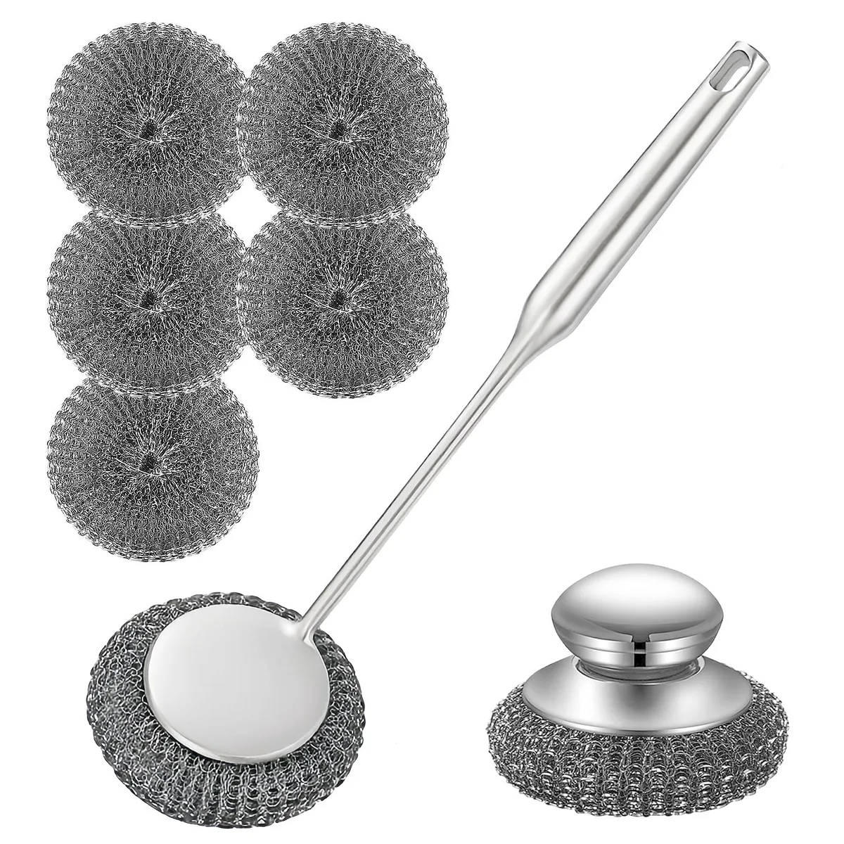 Stainless steel scrubber set with long and short handles and five pads