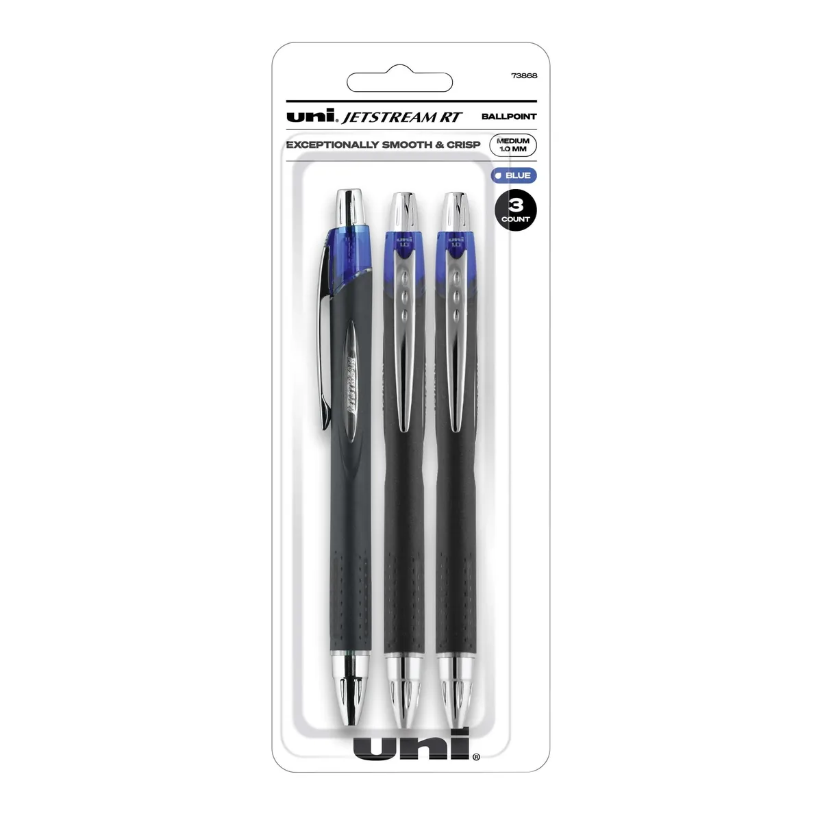  uni-ball JetStream RT Retractable Ballpoint Pen 1.0 mm Blue Ink Black Barrel Pack of 3 — product photo
