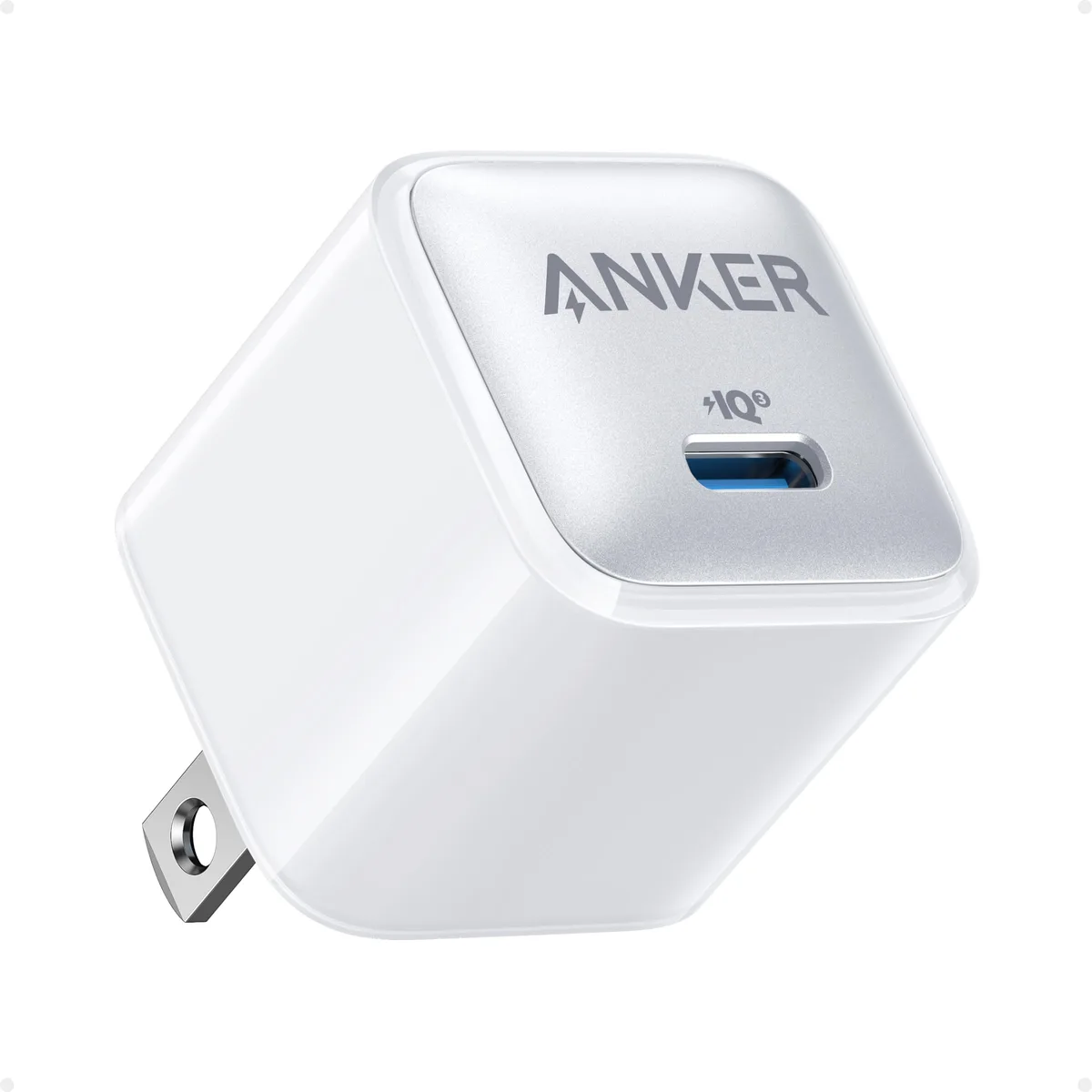 Small square white plastic USB-C wall charger with two-prong plug