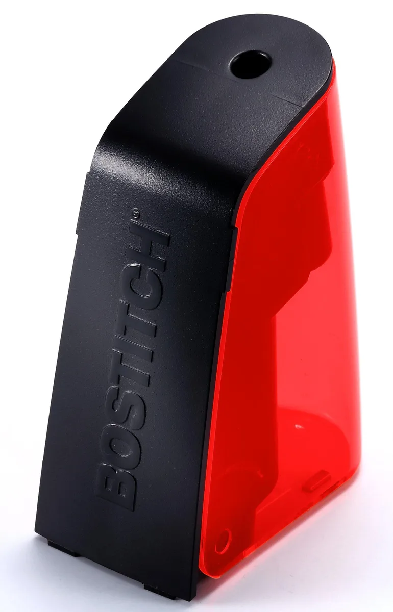 Red plastic battery pencil sharpener, compact rectangular shape with hinged shavings tray