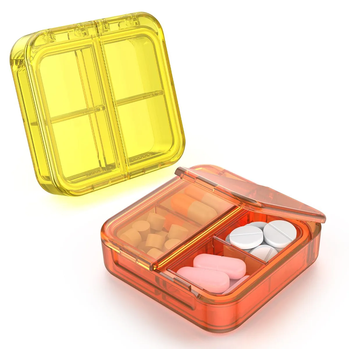 Compact orange and yellow pill box with four compartments and double lids