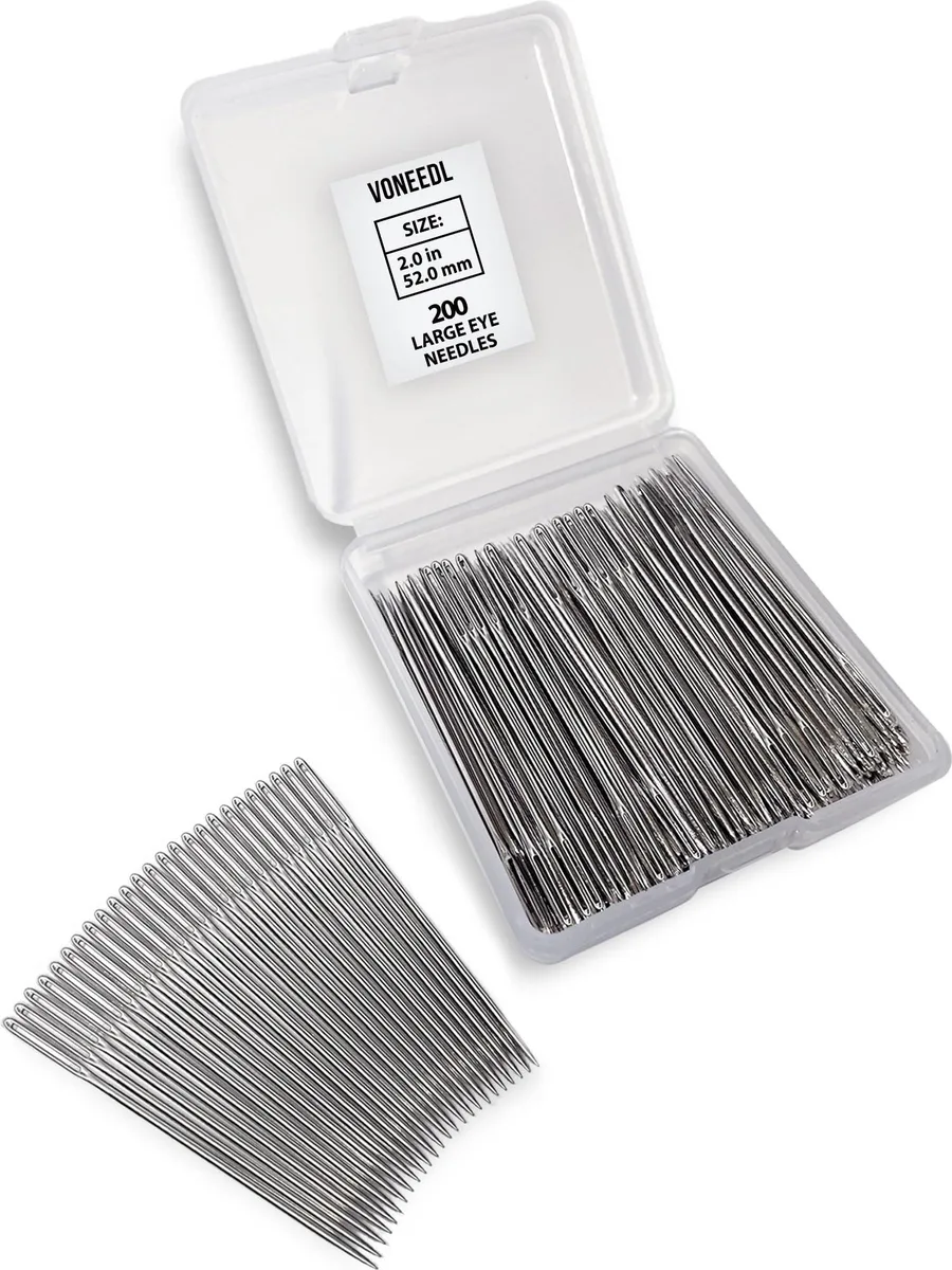 Bulk set of 200 silver stainless steel needles in a labelled storage box