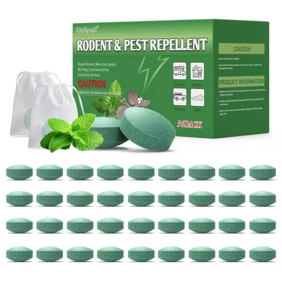 Thirty-six peppermint oil repellent pouches in mesh bags, sealed in a cardboard box