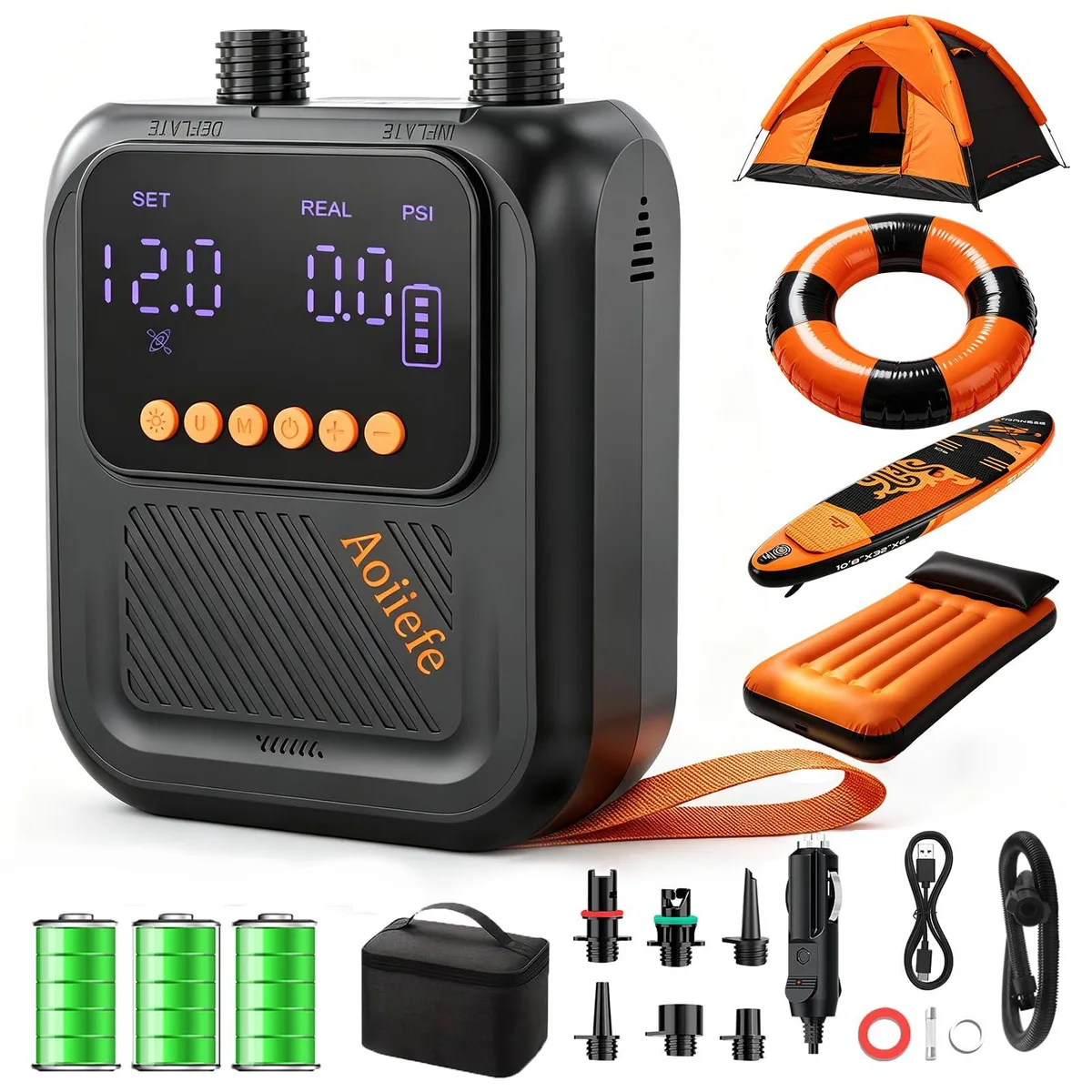 Compact black electric SUP pump with hose, nozzles and carry bag