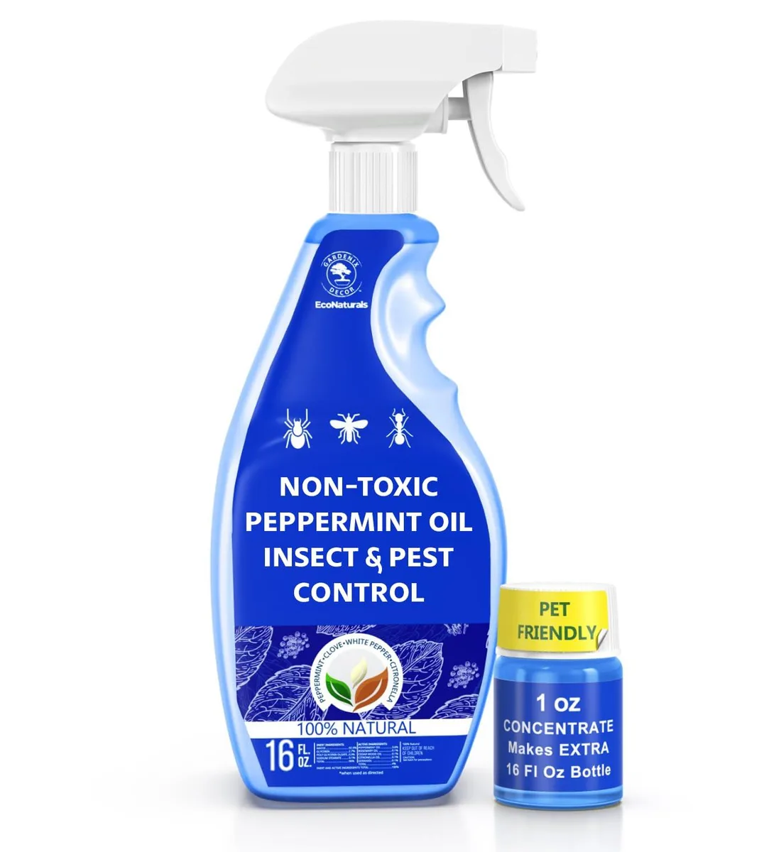 16 oz spray bottle and 1 oz concentrate bottle with peppermint oil formula