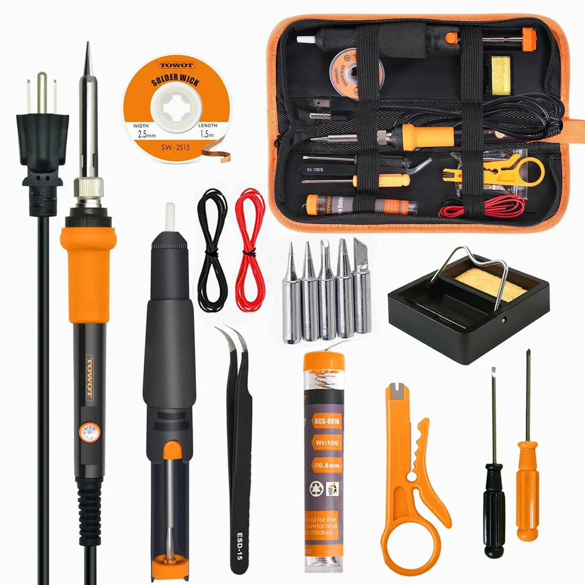 10-piece 60W soldering kit in PU pouch with adjustable iron, pump, wire, tips and tools