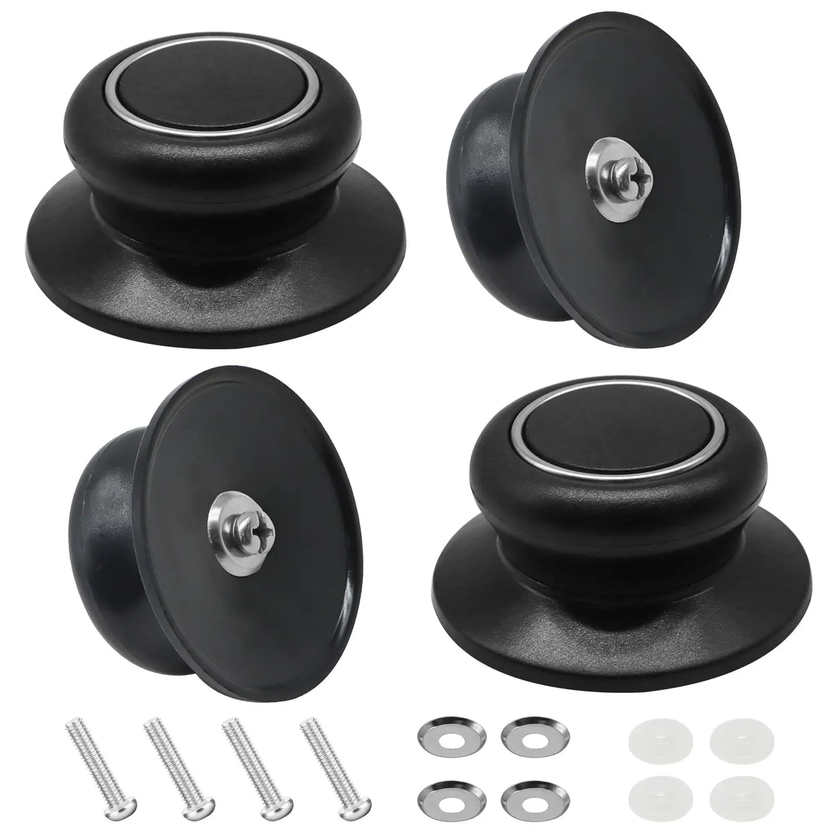 Four beige round knobs with silver screws and black gaskets on white background