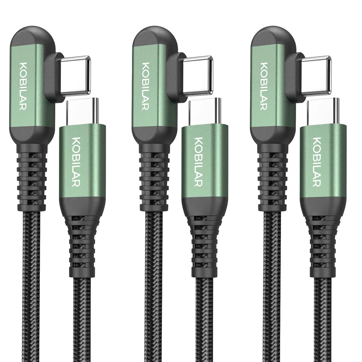 Three green USB-C right-angle cables in lengths 1.5, 5 and 10 feet