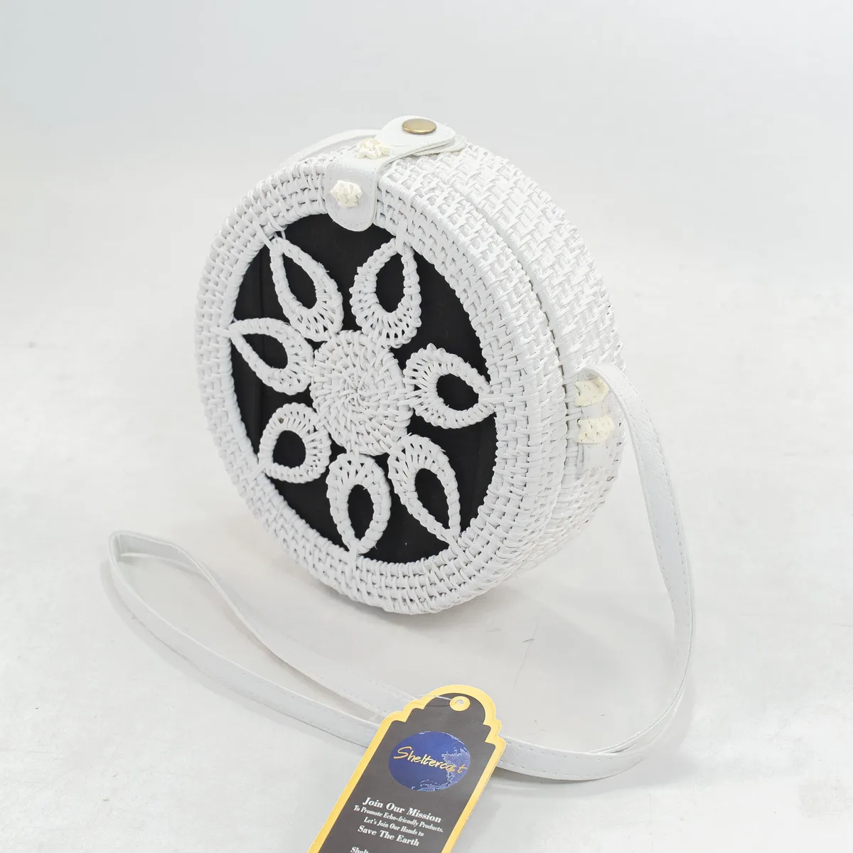 ShelterCast ShelterCast Rattan Handbag 20 L White Brown Faux Leather Strap — product photo