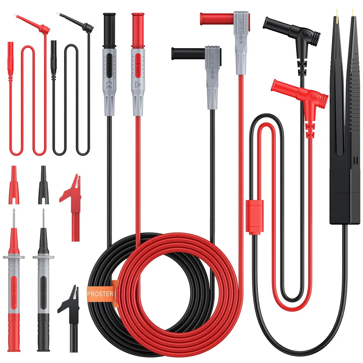 Nine-piece multimeter lead kit with probes, hooks, clips and tweezers