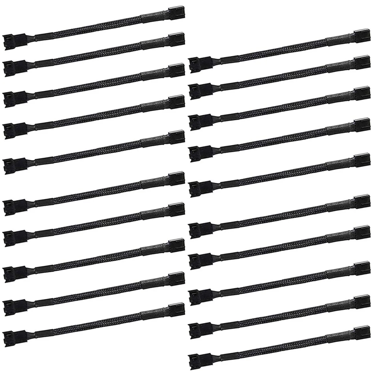 Twenty black braided 4-pin PWM fan extension cables each 27 cm long