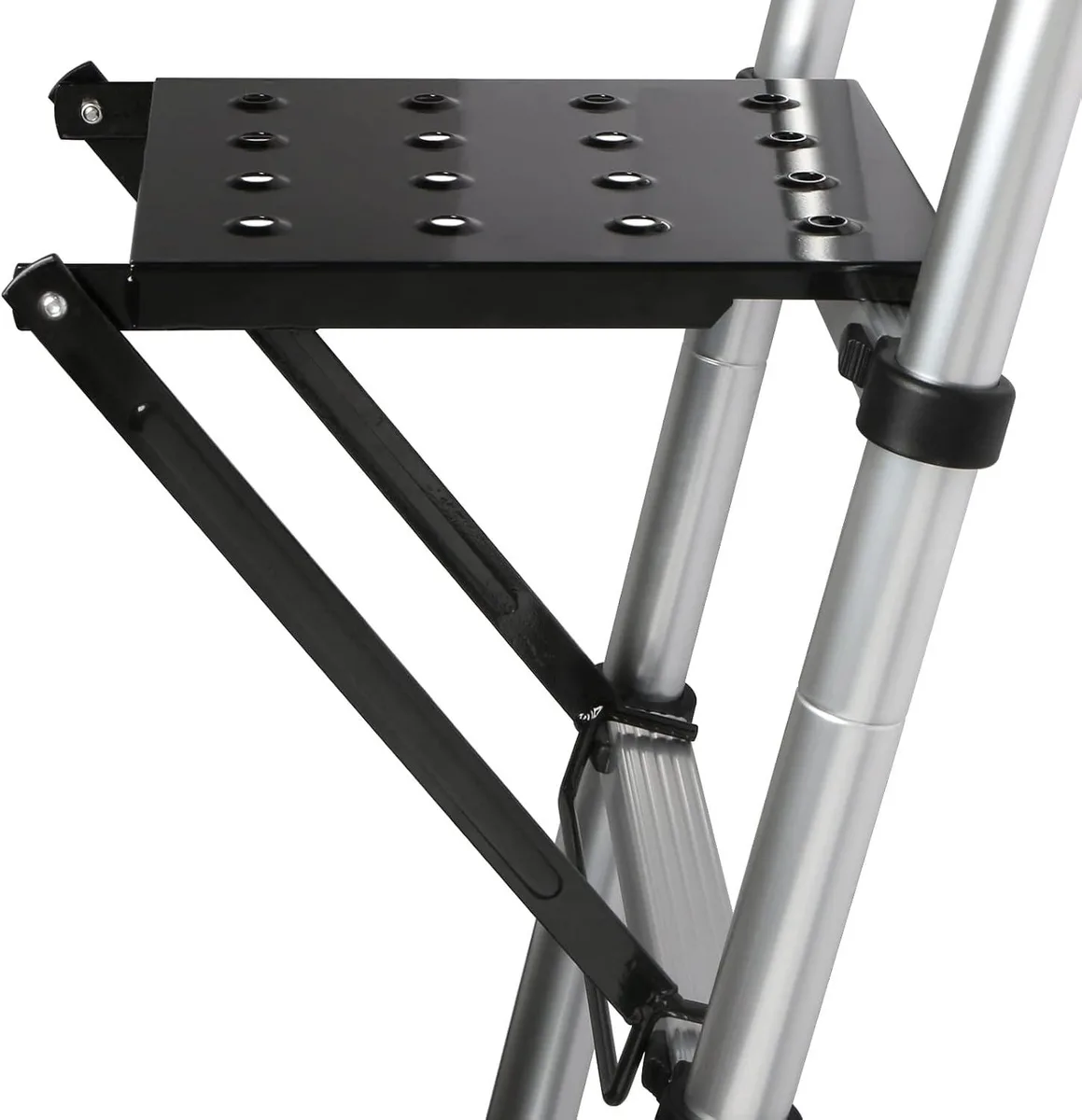 Black steel ladder platform, 11.8 by 10.6 inches, anti-slip surface, lock-nut brackets, 400 lb rating