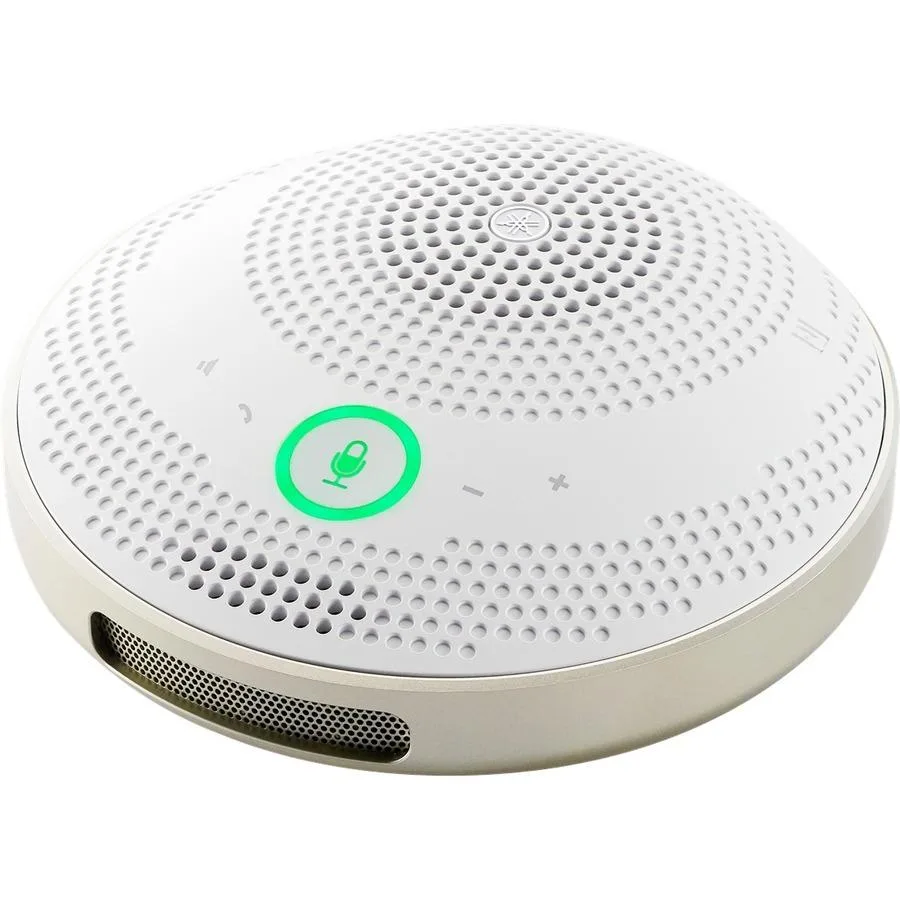 White portable USB speakerphone with cable and carrying case
