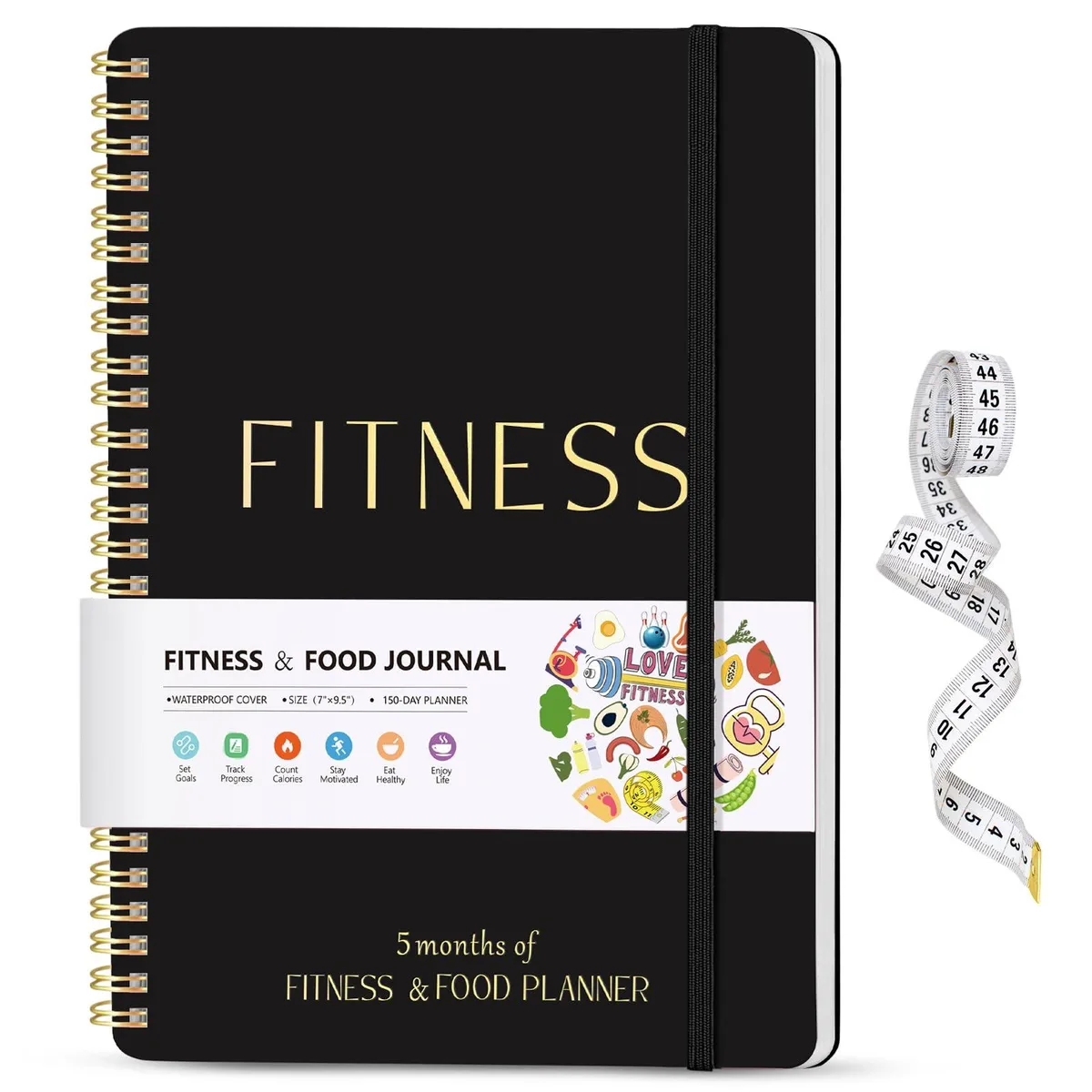  Dapsang FFP Fitness Journal Planner 150 Day 160 Page Black 9.5x7 inch with Measuring Tape — product photo