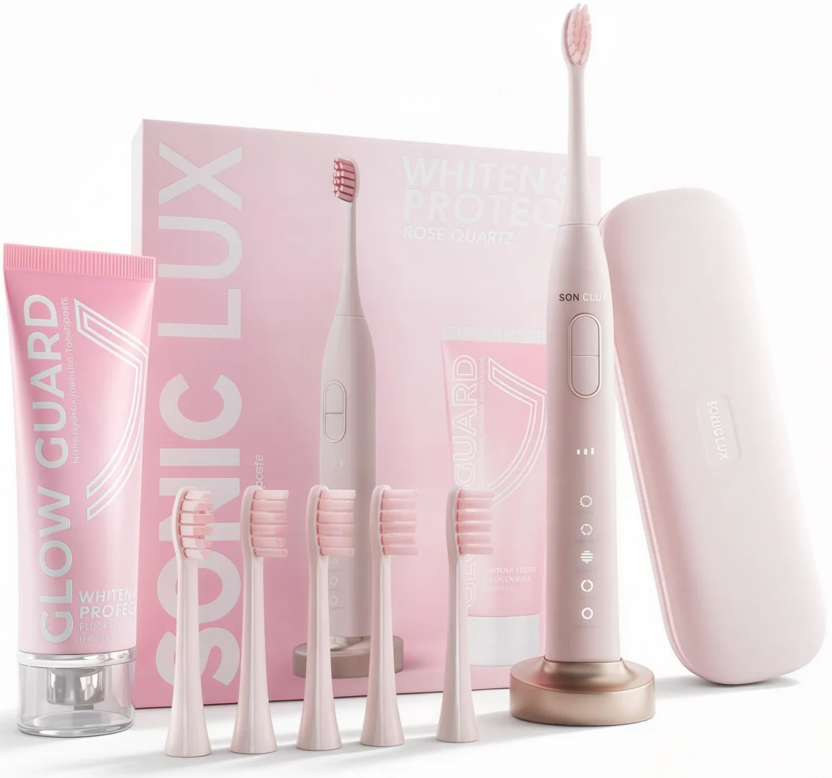 Pink electric toothbrush with travel case and six brush heads