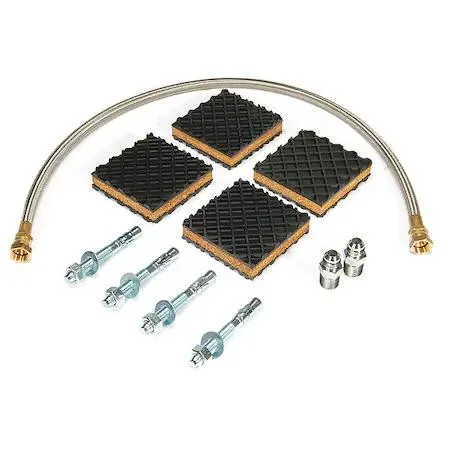 Cardboard box containing compressor installation kit with braided hose, adapters, bolts and vibration pads