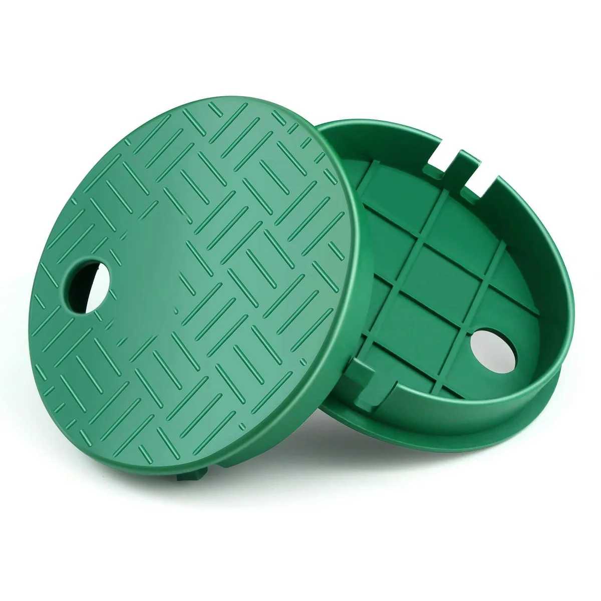 Two green plastic round valve box covers with buckle latches and a central hole, 5.5 inch ID 6 inch OD