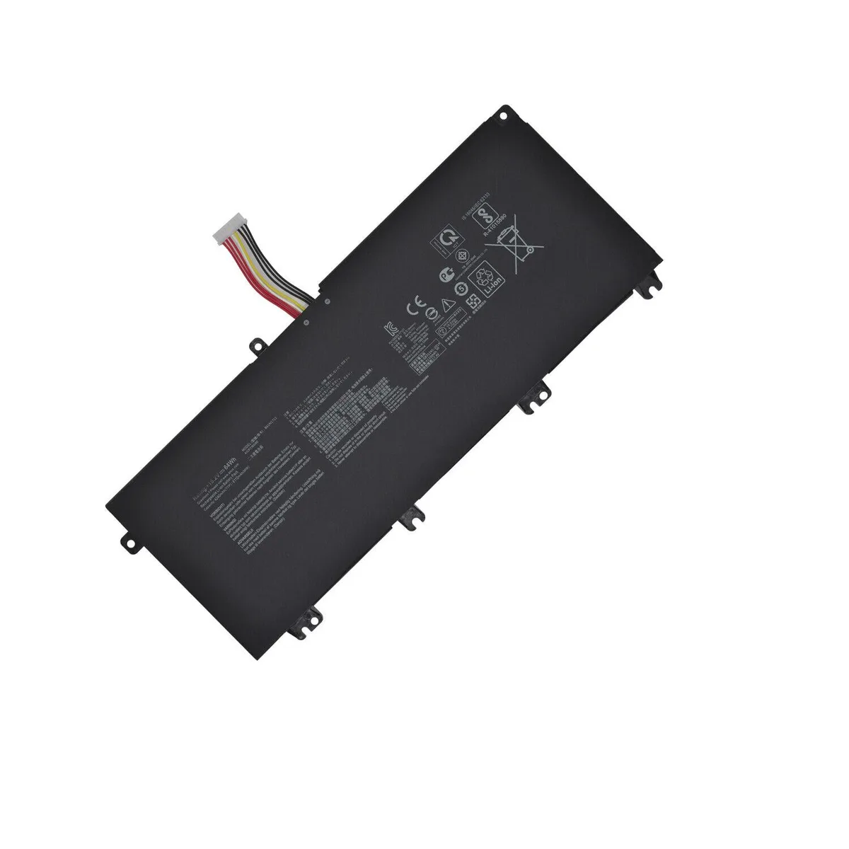 Rectangular black lithium-ion laptop battery with connector cable