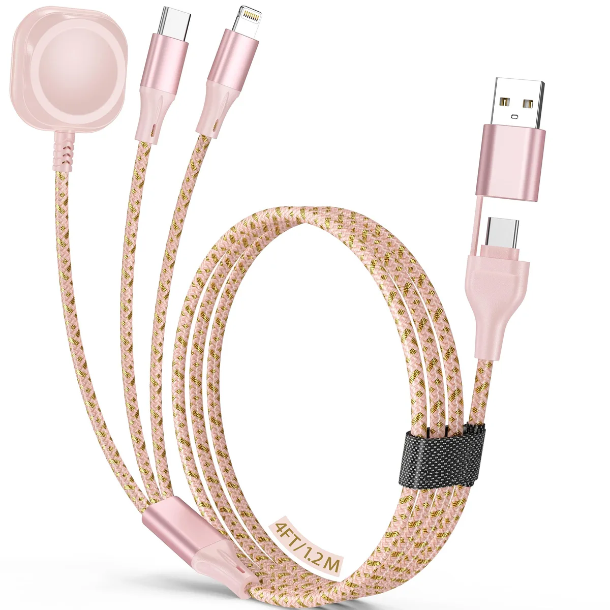  HaoKanDe 5-in-1 Multi Charging Cable USB-A/USB-C to Magnetic Watch/Type-C/Lightning 1.2m Pink/Gold — product photo
