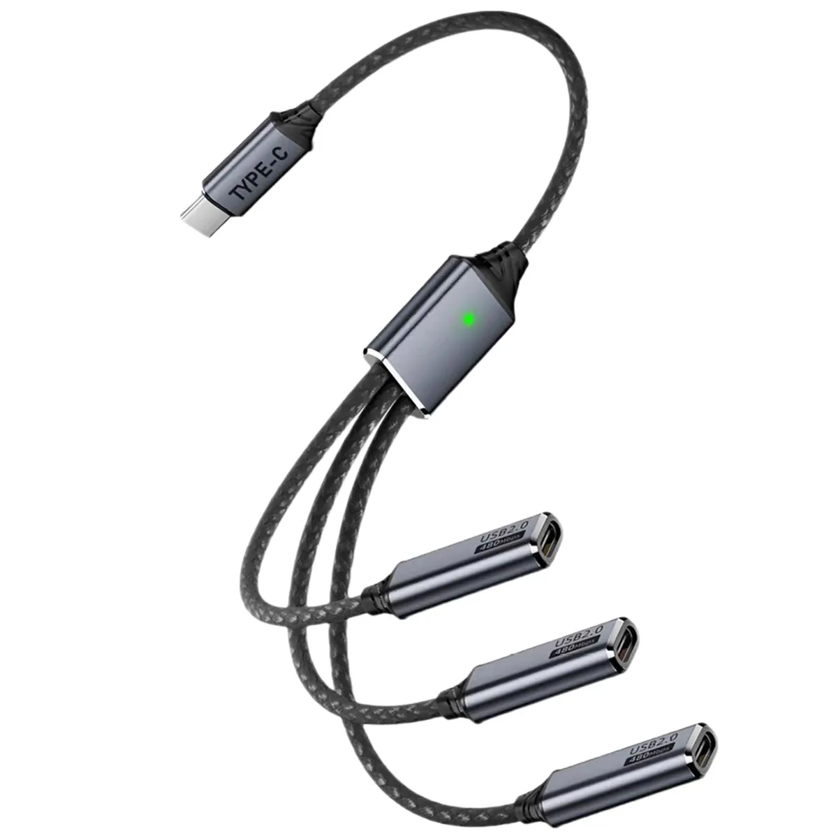 Black USB-C male to three female splitter with braided nylon cable and aluminium housing, 25 cm long