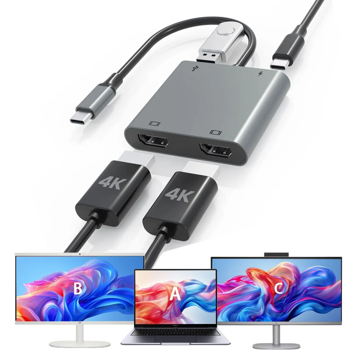 Compact gray USB-C hub with dual HDMI ports, USB 3.0 and power delivery
