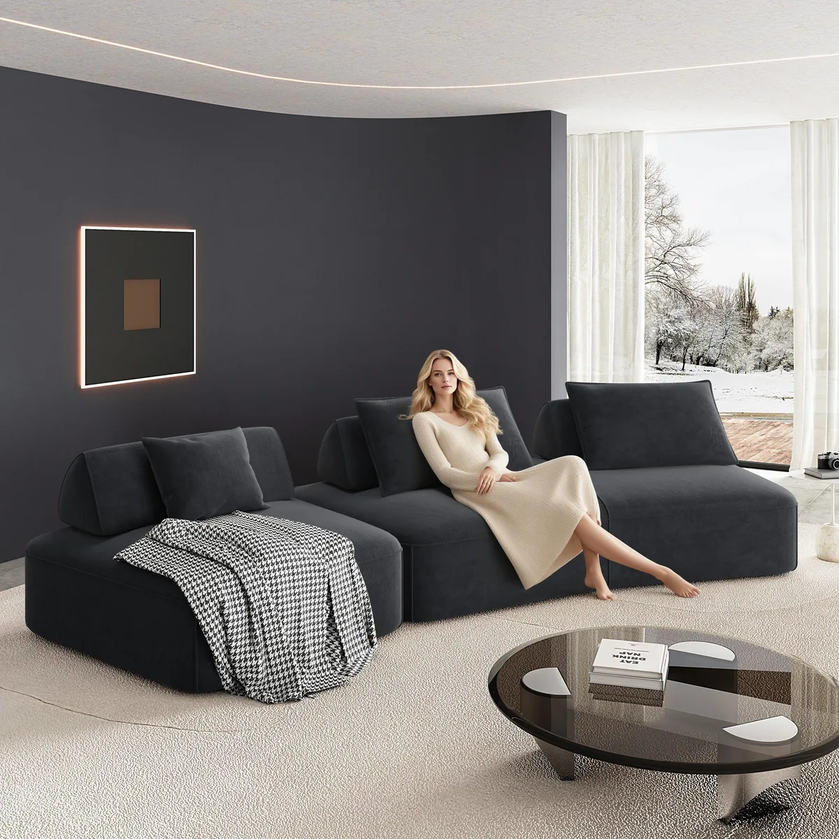 Dark grey modular sectional sofa with removable backrests and pillows, 139 inches wide