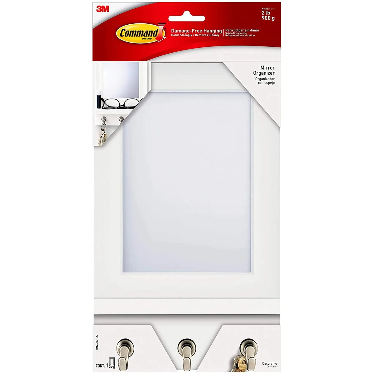 Quartz Command Mirror Organizer, 6.8 by 11.2 inches, with hooks and ledge