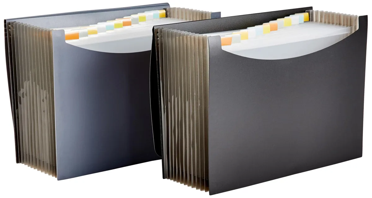Two black and gray polyester expanding file folders with flap and cord closure, 13 pockets each