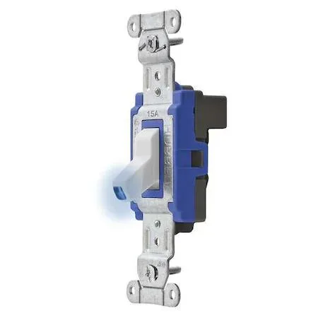 White illuminated toggle wall switch single pole 15A 120/277V AC thermoplastic housing