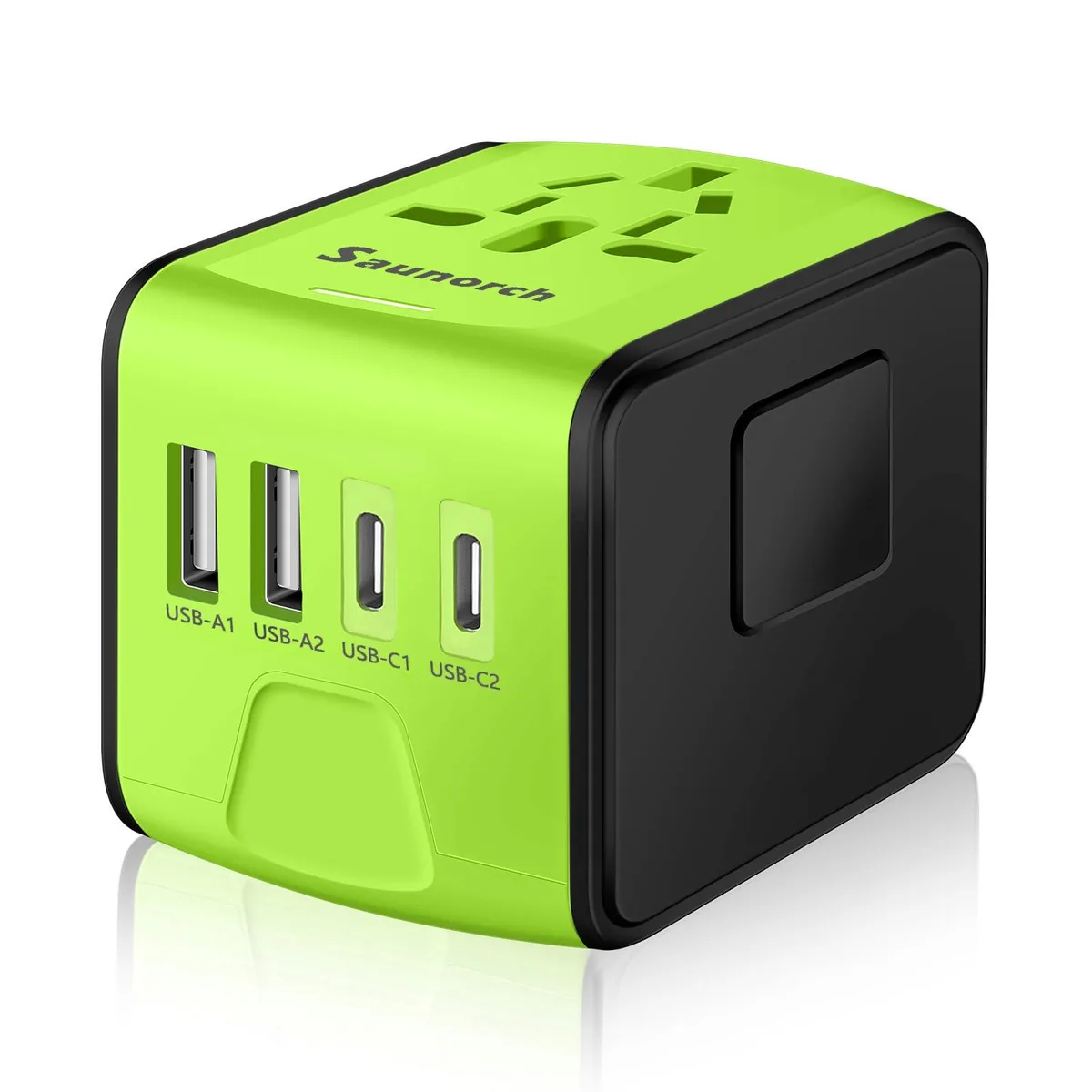 Green cube travel adapter with slide-out plugs and four USB ports