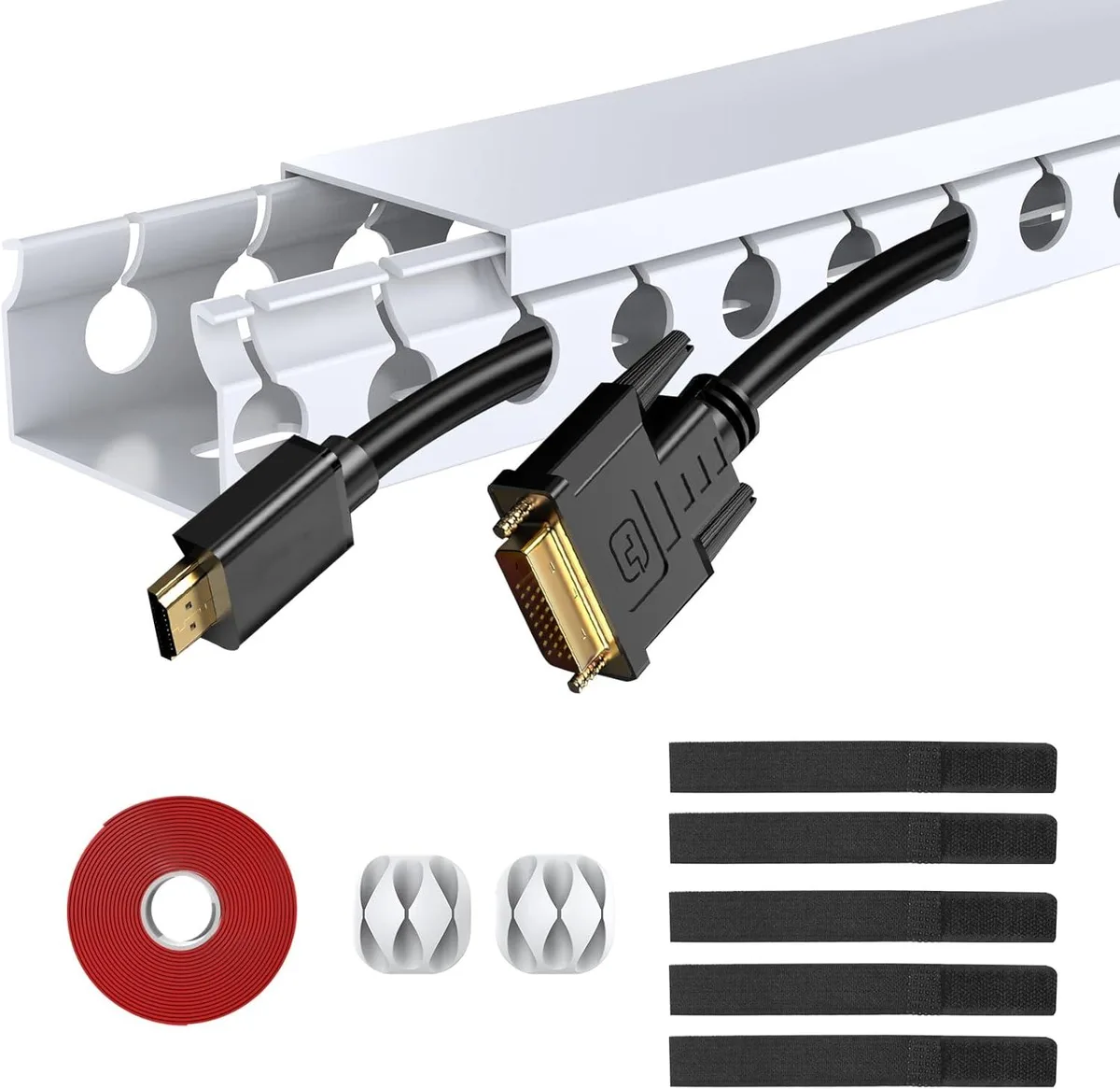White PVC cable raceway kit, ten 15.5-inch channels with open slots, adhesive tape, holders and Velcro ties