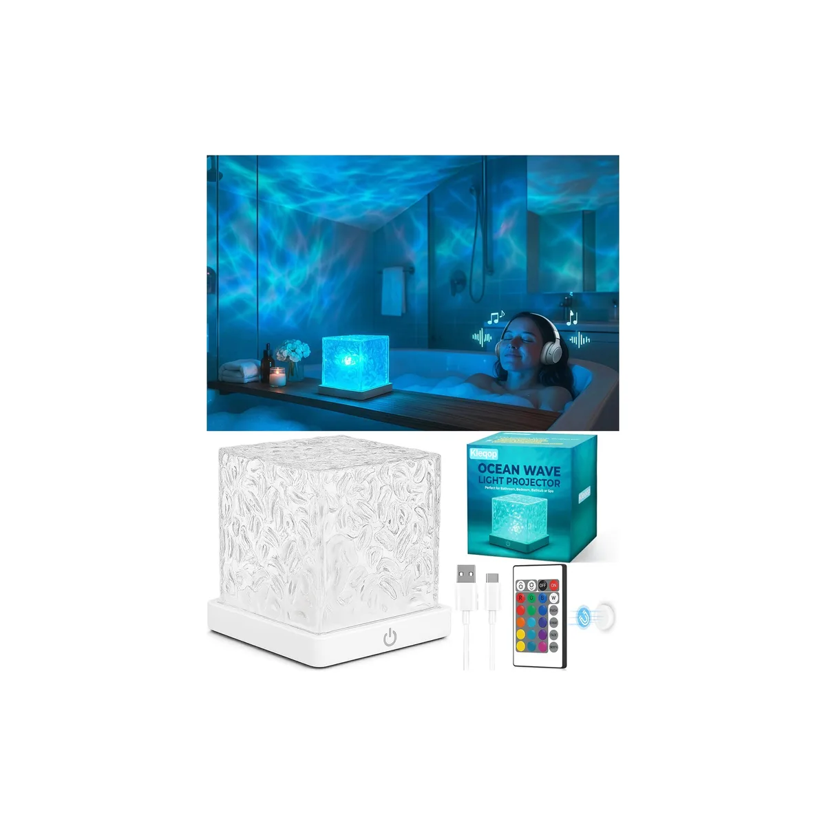 Clear plastic cube with built-in LEDs, 4.3 inches square, rechargeable, water ripple projector, remote included
