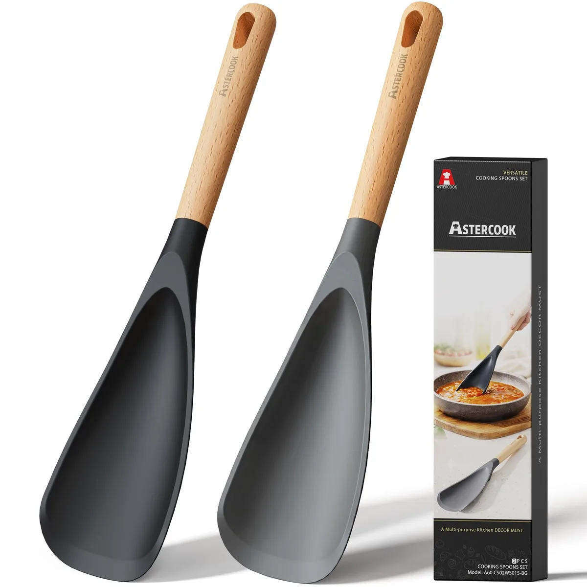 Two black silicone spoonulas with wooden handles, 12.2 inches long