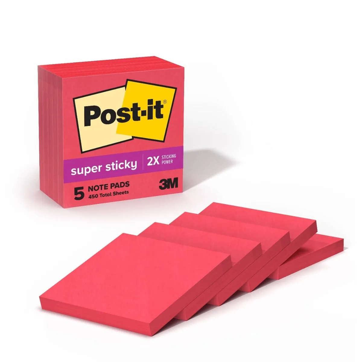 Five square pads of Candy Apple Red sticky notes in a paperboard carton