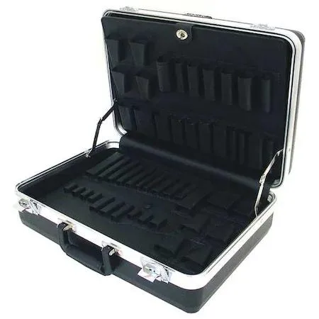 Black plastic tool case with molded handle and cast key locks, 18 by 13 by 6 inches