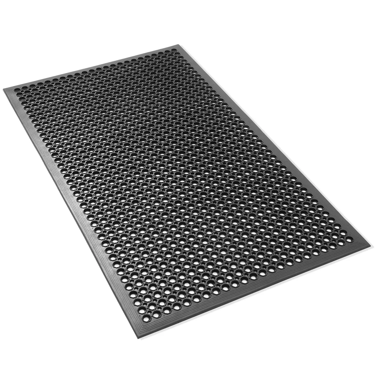 Black rubber anti-fatigue mat 36 by 60 inches with drainage holes and beveled edges