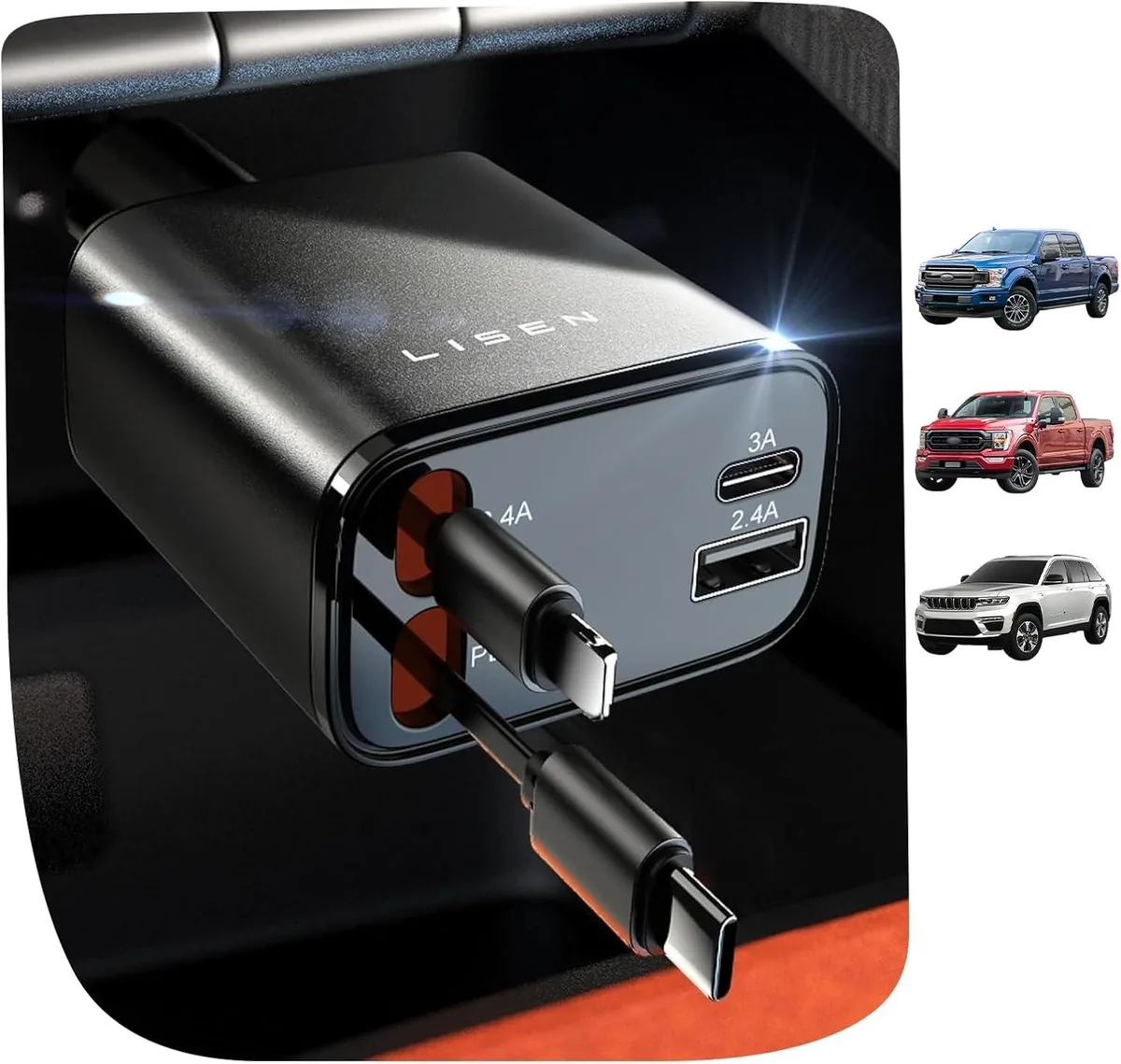 Hamzan Hamzan Retractable Car Charger 4 in 1 69W 31.5in Cable — product photo