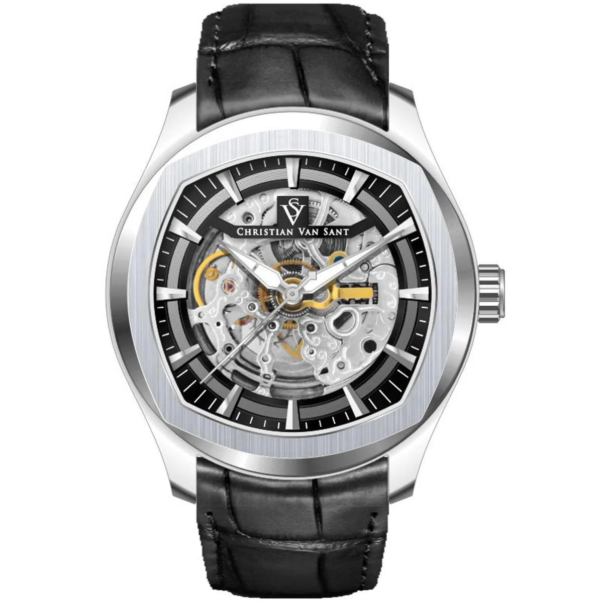 Stainless steel watch with black dial and leather strap