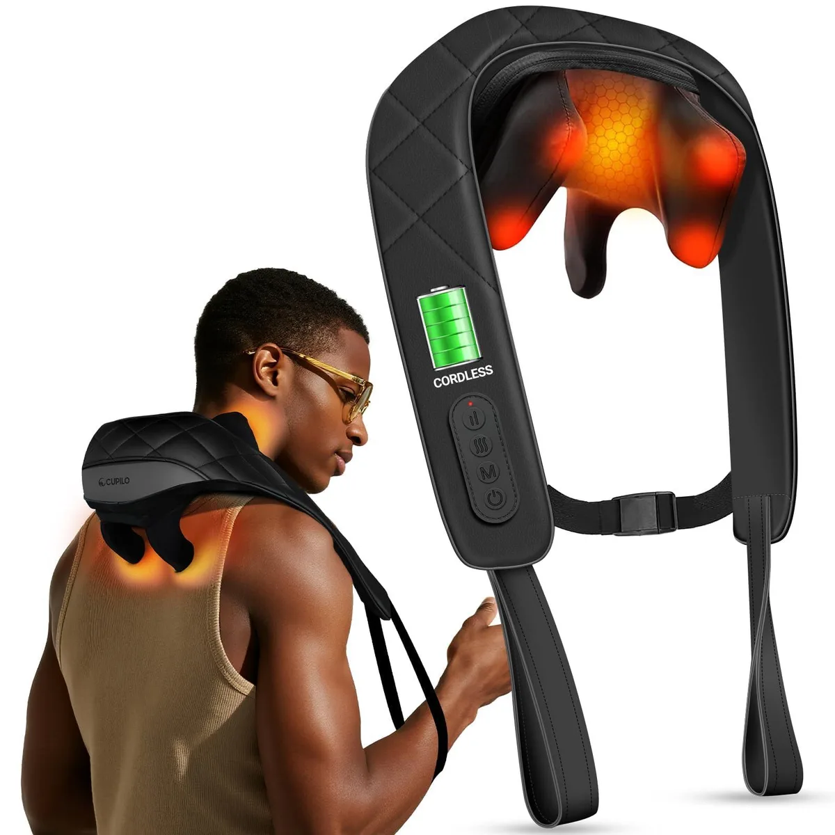 Black cordless neck massager with faux leather wrap-around design and adjustable straps