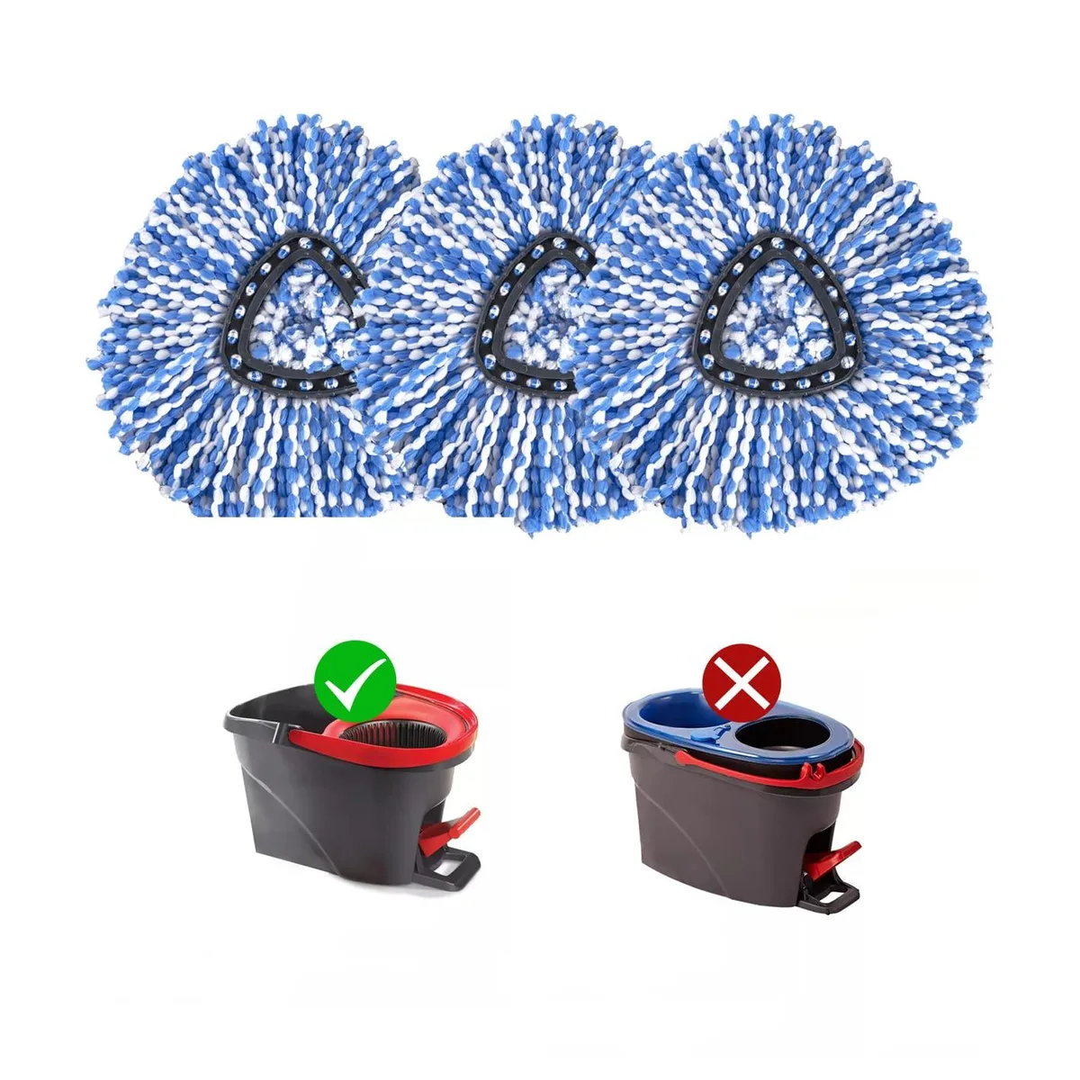 Three blue microfiber mop heads in white packaging
