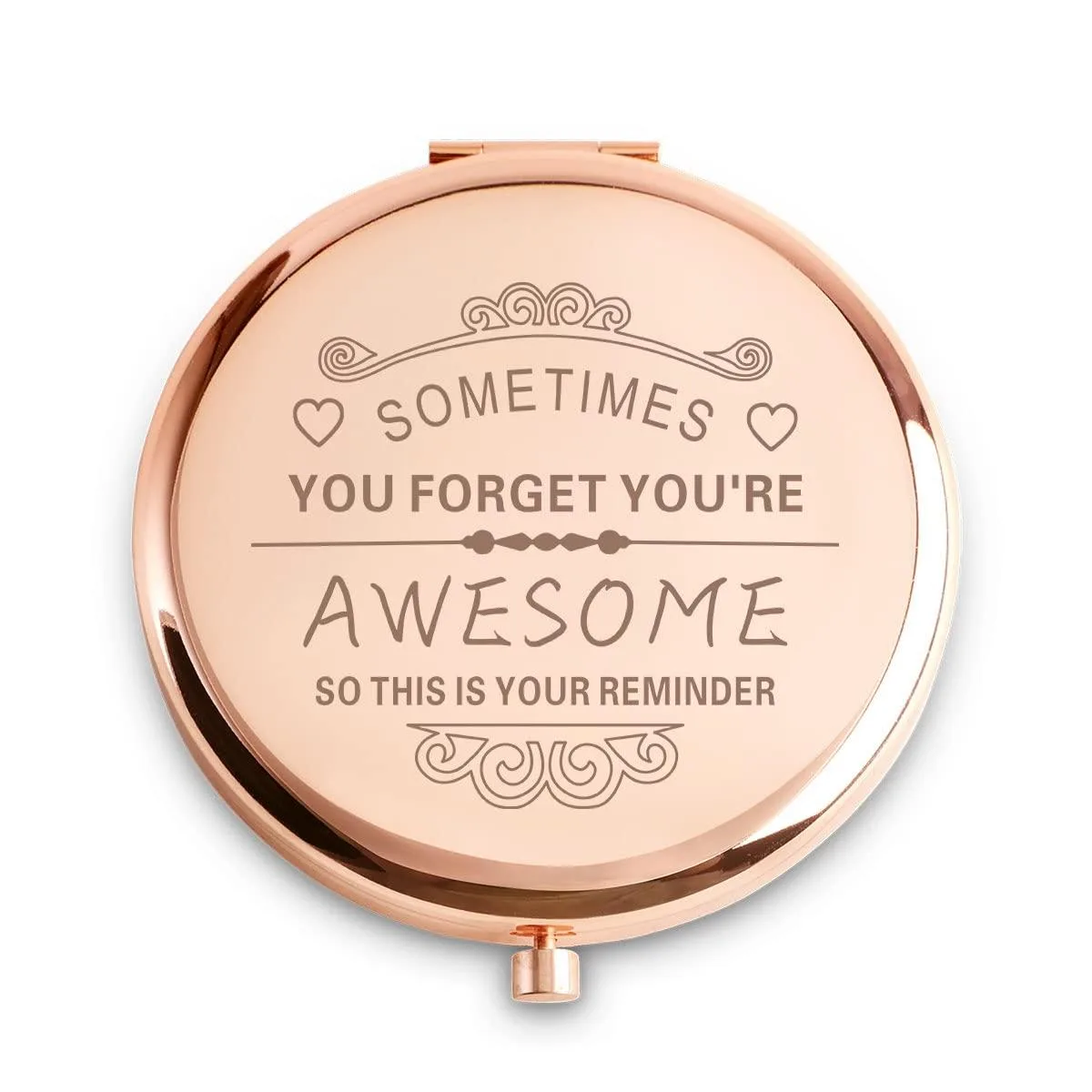 Round rose stainless steel compact mirror, 2.5 inches with 1X and 91X magnification