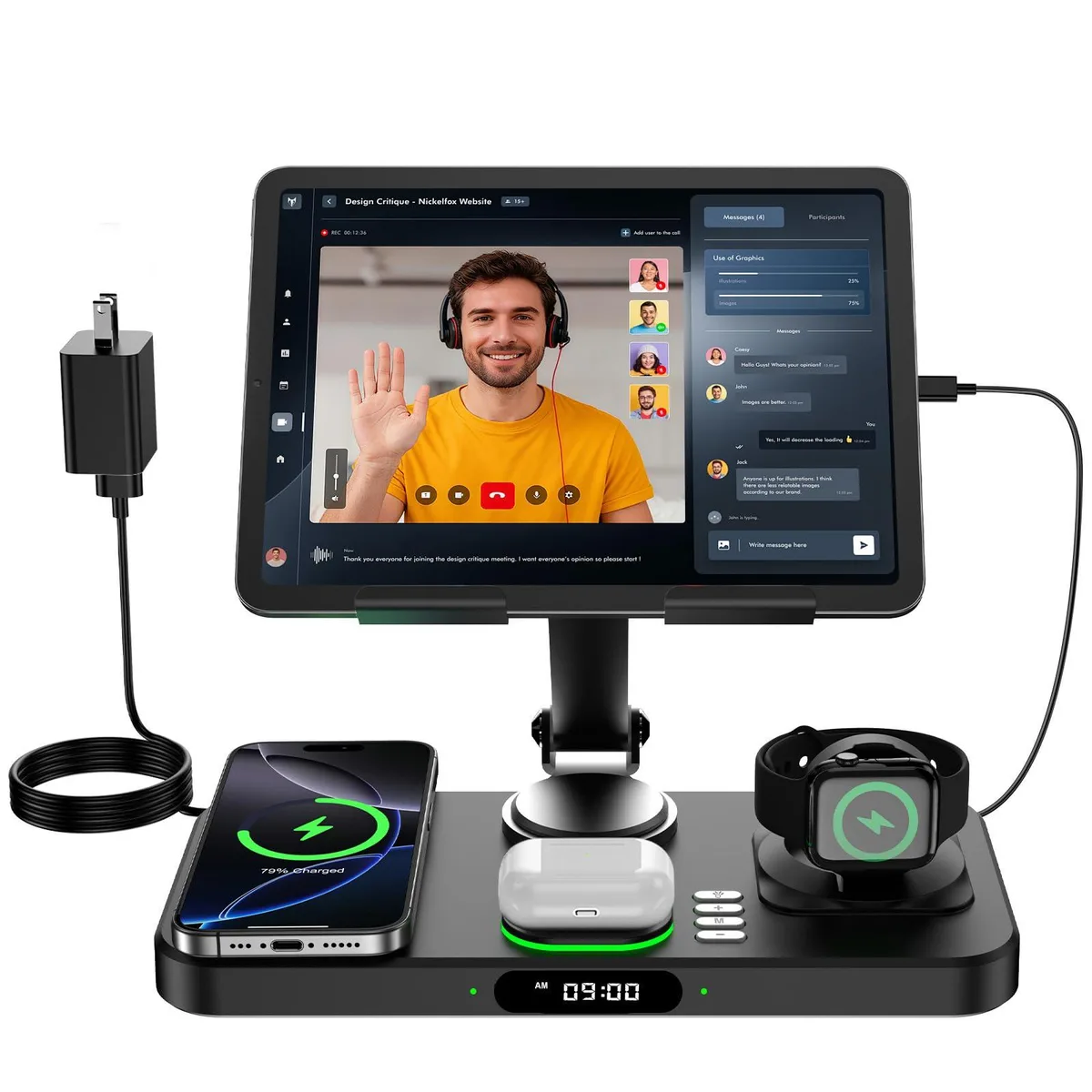  Opinta Y21 6-in-1 Wireless Charging Station with Clock &amp; 7-Color Light, Foldable iPad Stand, Black — product photo