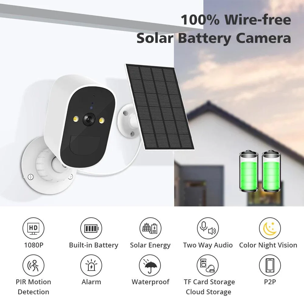 White rectangular solar security camera with integrated solar panel on top, wireless outdoor design