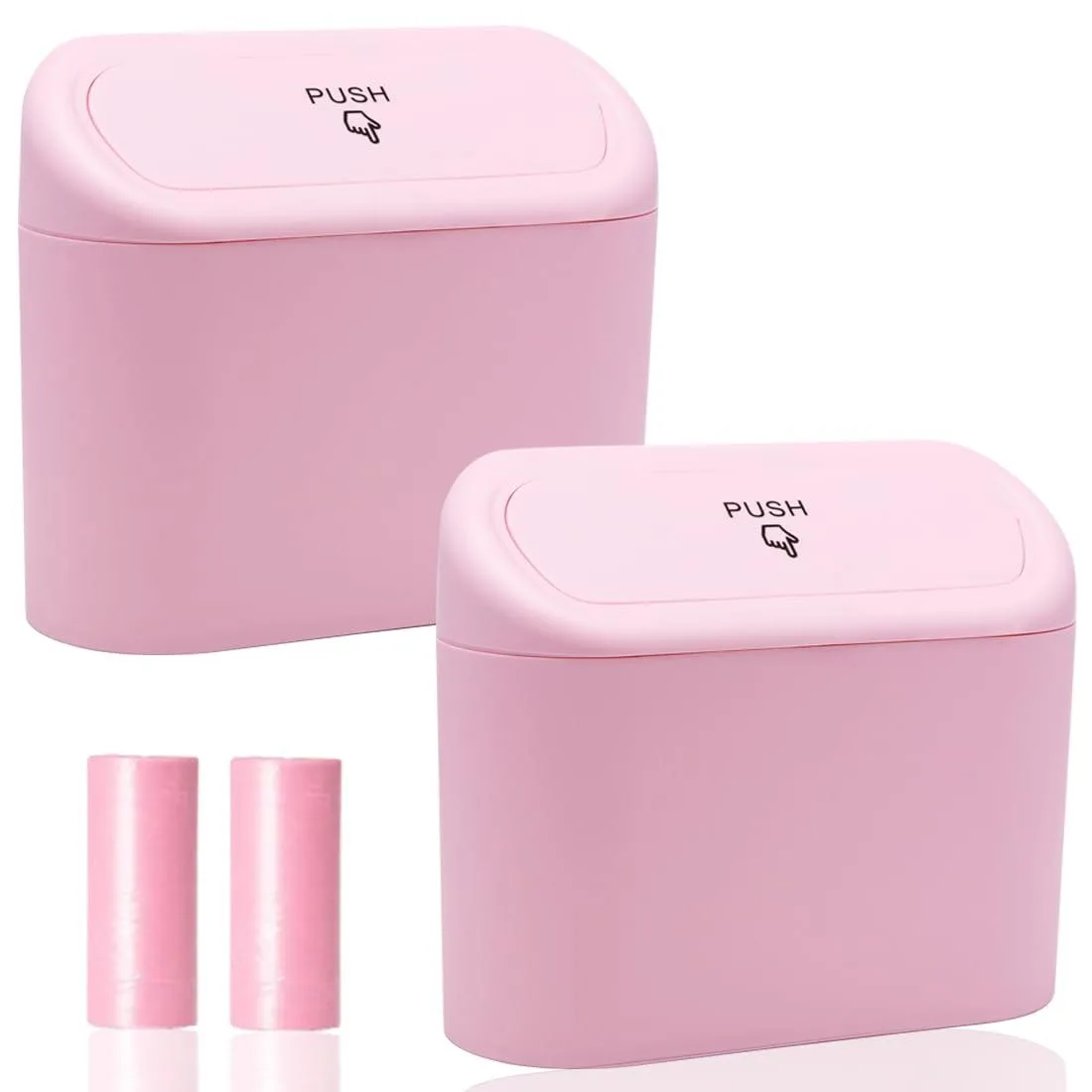 Two pink plastic car bins with spring lids and hanging straps