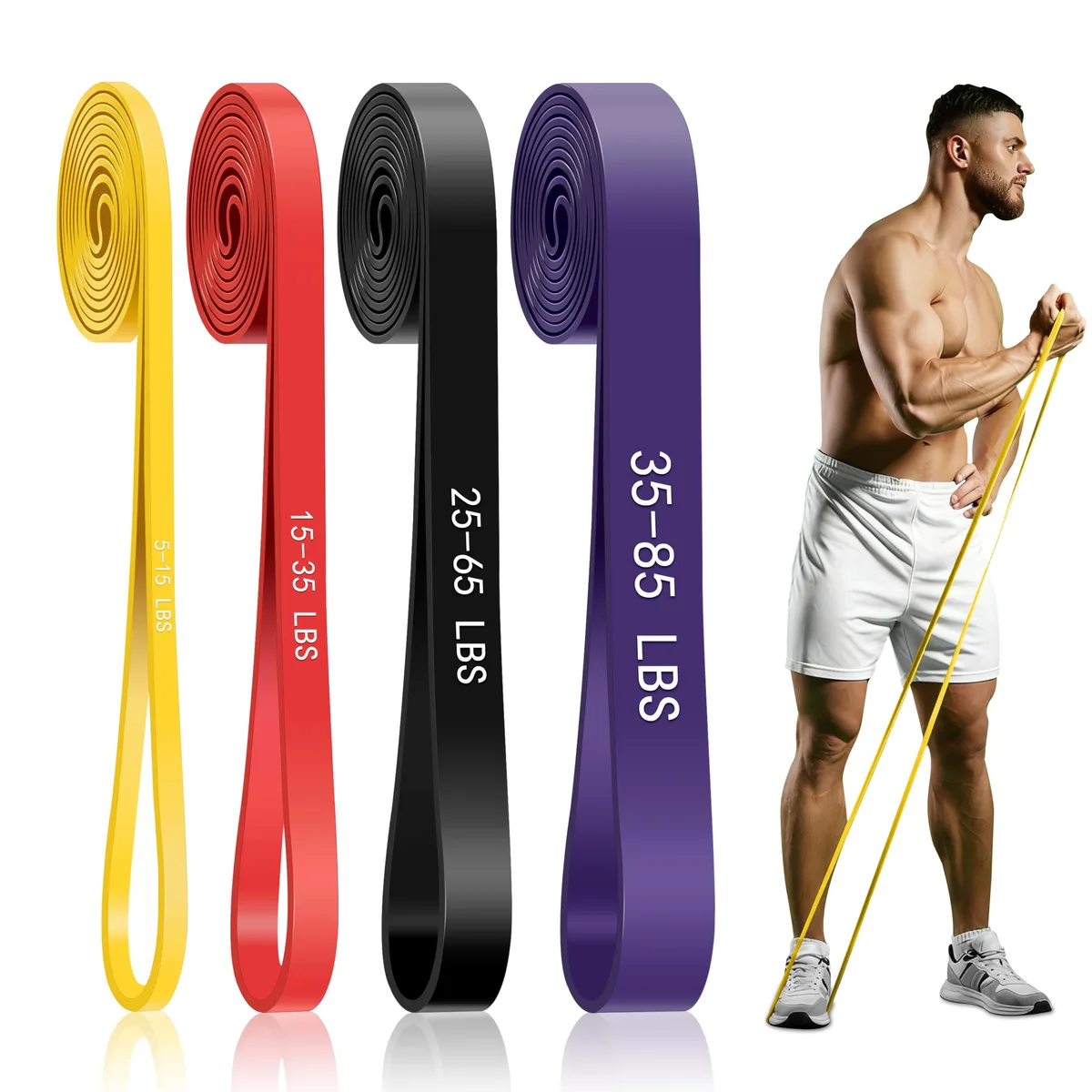 Four multicolour TPE resistance bands in extra light, light, medium and heavy tensions, loop form, matte finish