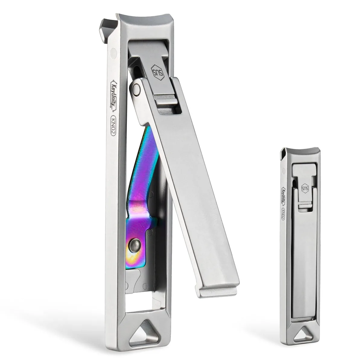 Silver stainless steel foldable keychain nail trimmer, compact curved blade with keyring hole