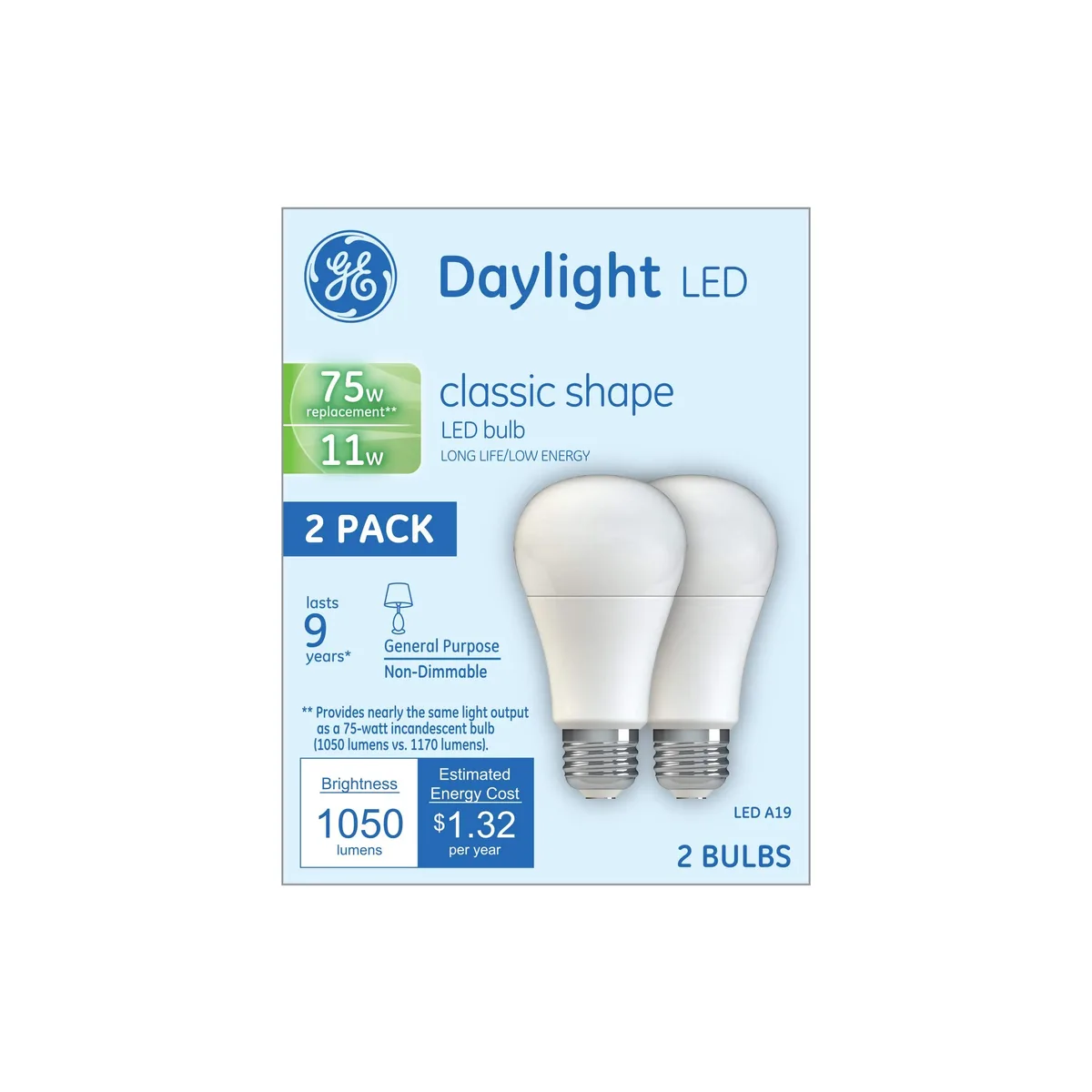 GE Lighting GE Lighting 21173 A19 LED 11 W 1050 lm 5000 K E26 2-pack — product photo