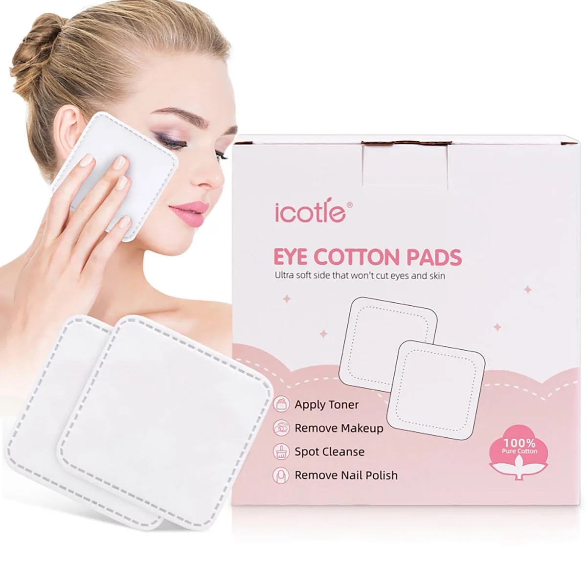 White square cotton pads in resealable bags, 200 count