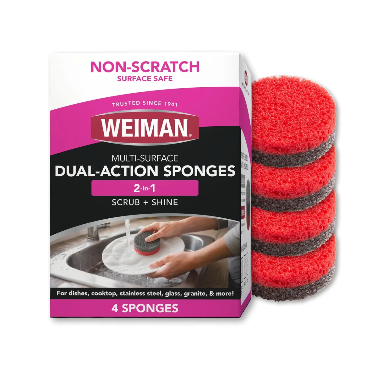 Four rectangular dual-sided sponges, textured scrub side and smooth wipe side, light blue and white packaging